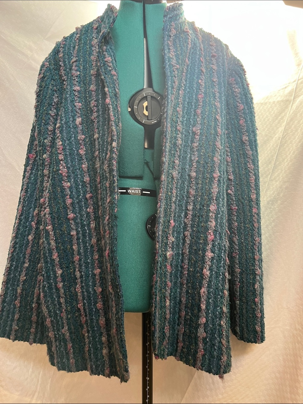 Vintage Lady Devon Striped Mohair Blend Knit Open Blazer in Teal & Pink